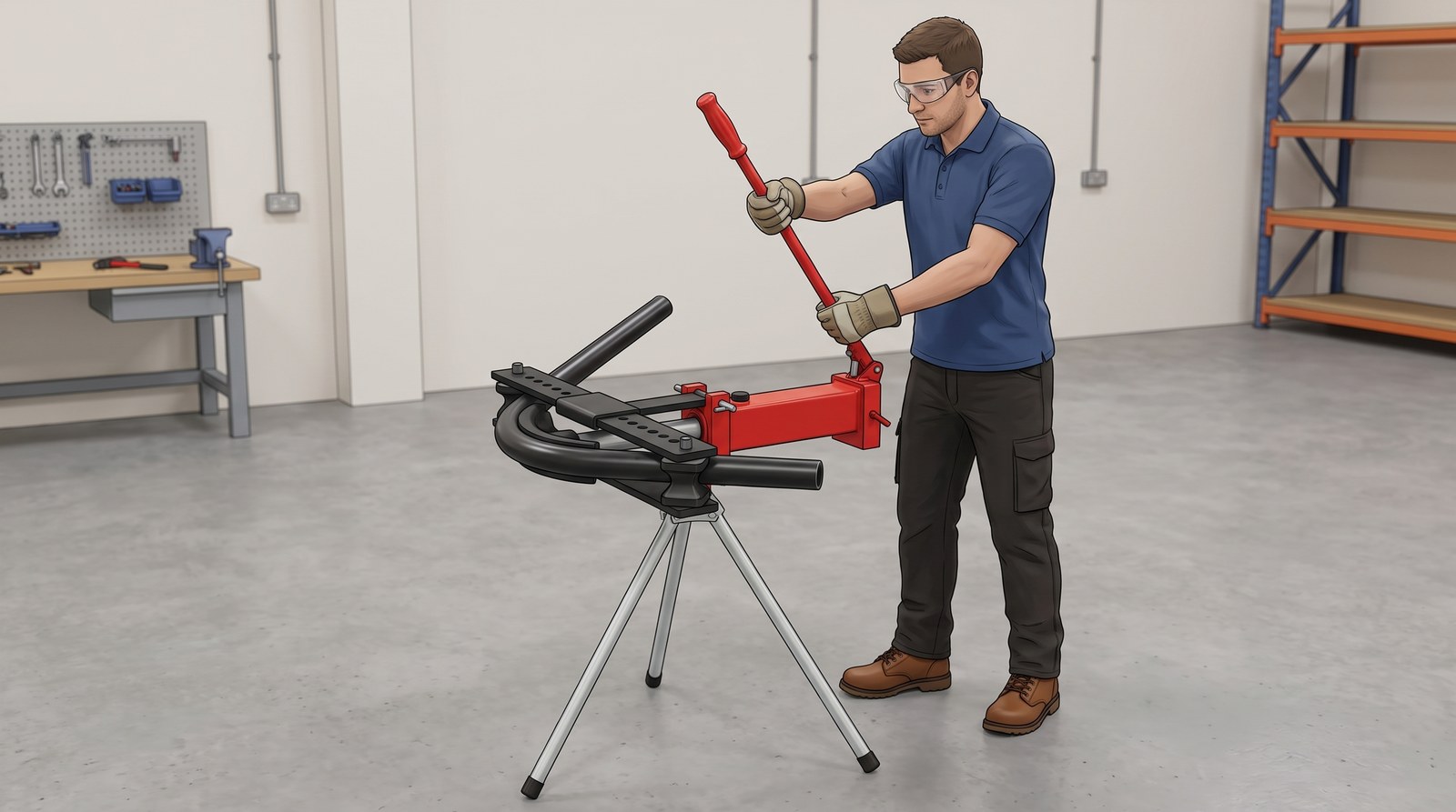 A worker in safety glasses and gloves pumps the handle of a portable hydraulic pipe bender on a tripod stand, bending a steel pipe round its curved former