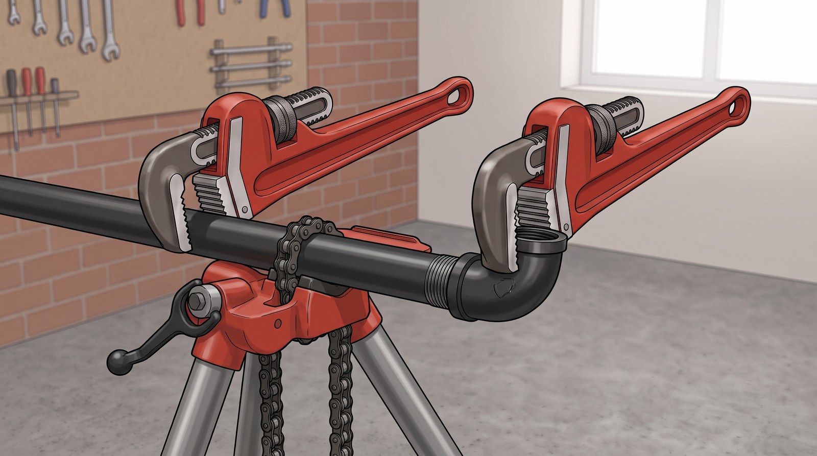 Two stillson pipe wrenches on a black steel pipe held in a chain vice on a tripod stand, one holding the pipe and the other turning a screwed elbow onto its threaded end