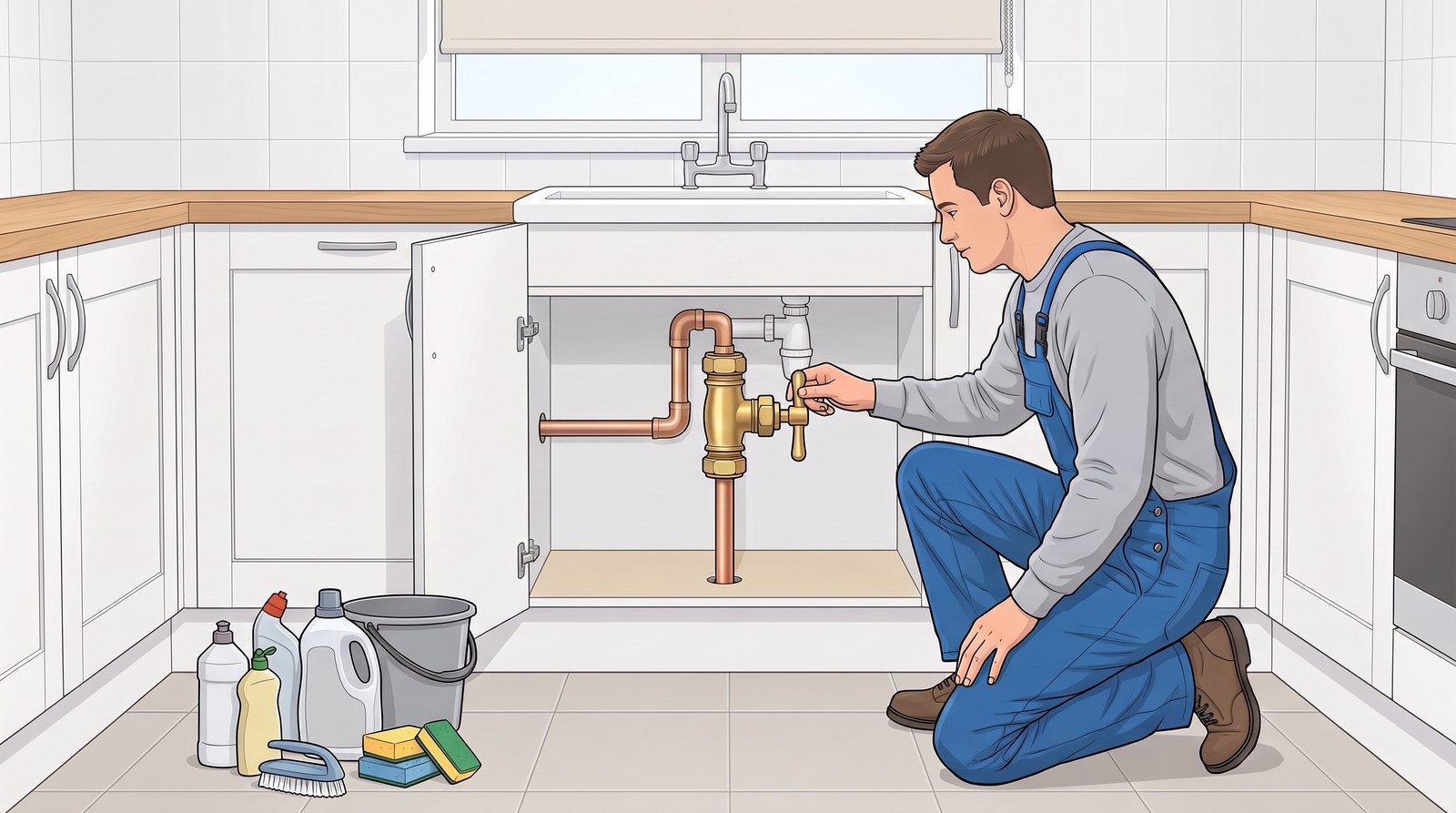 A plumber kneels at an emptied kitchen sink cupboard, turning the crutch handle of a brass stopcock on the copper rising main. The bottles, bucket and sponges from the cupboard stand on the floor beside him
