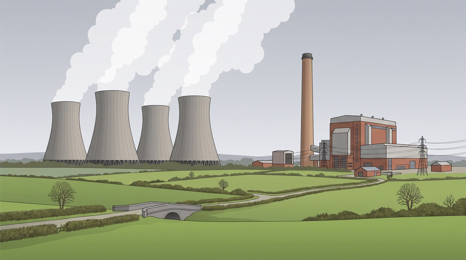 A coal fired power station across green fields: cooling towers with white plumes of steam, a tall chimney and the main building