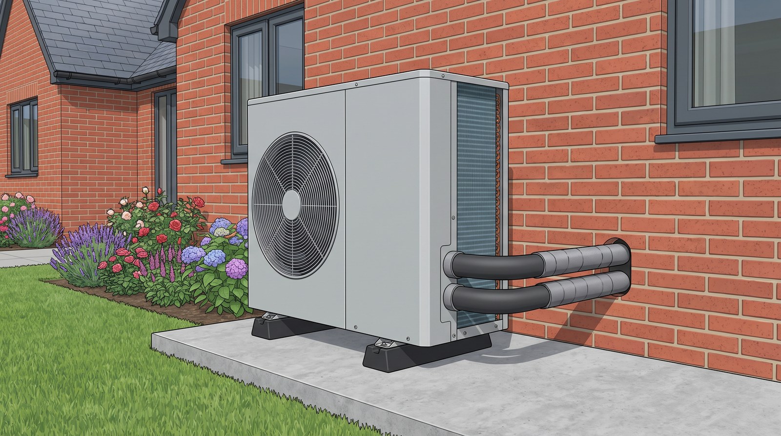 An air source heat pump outdoor unit on a concrete pad beside a brick house in summer, with insulated pipes running into the wall