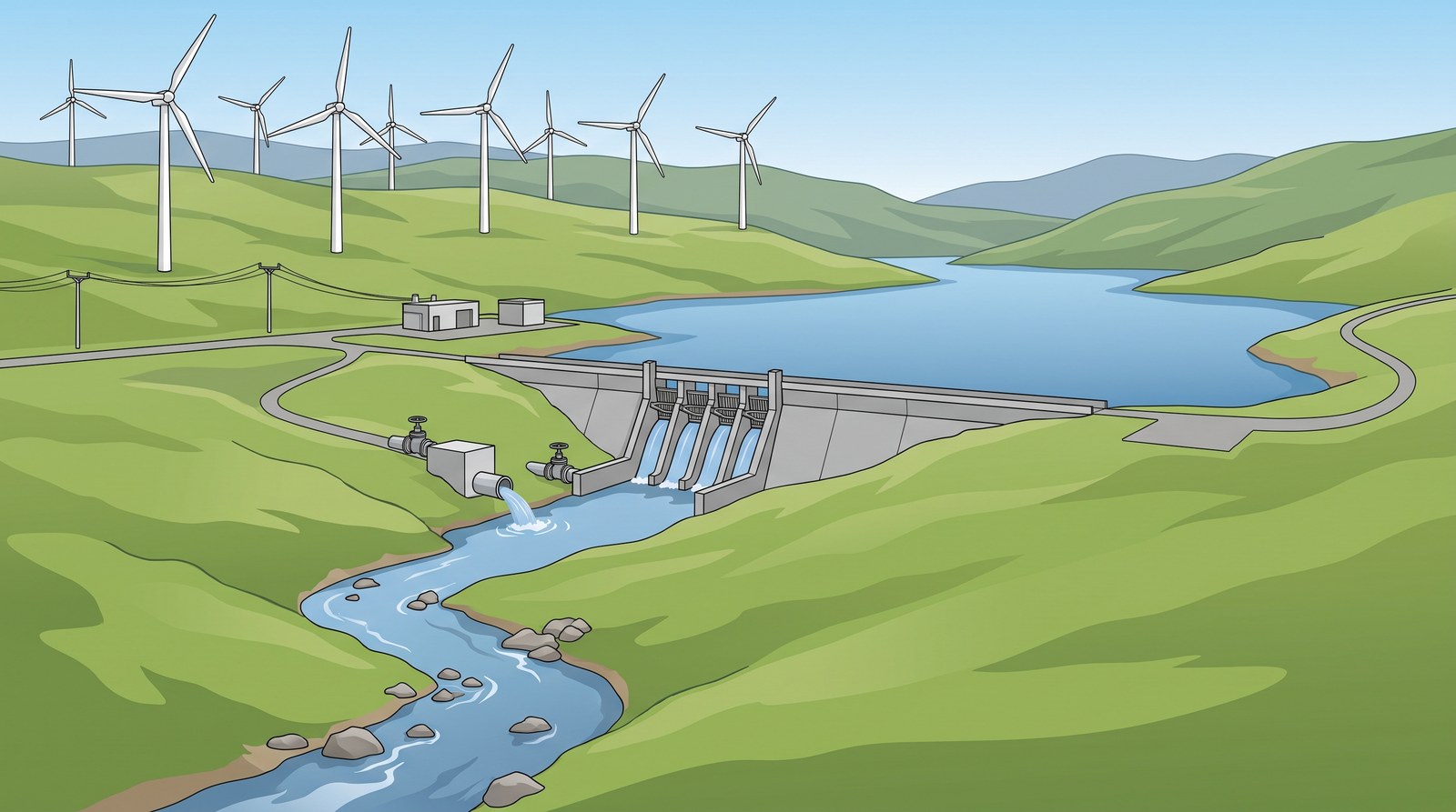 Wind turbines on the hilltops of a Highland glen, and below them a hydroelectric dam holding back a loch with water flowing out into the river