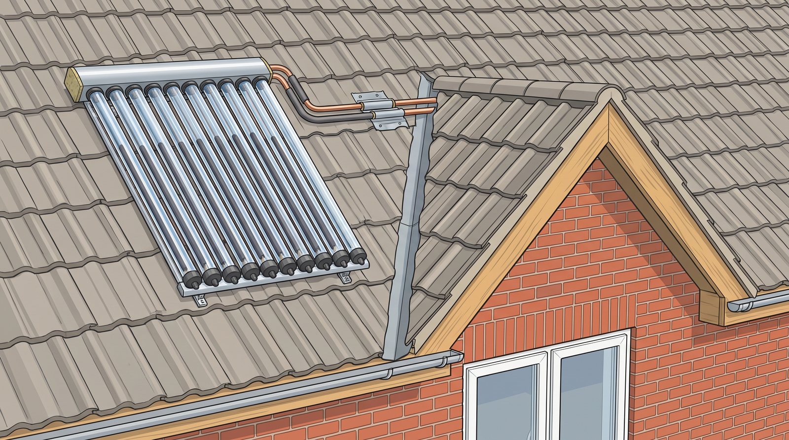 A solar thermal collector on a tiled roof: a row of glass evacuated tubes on a manifold, with two insulated pipes running into the roof