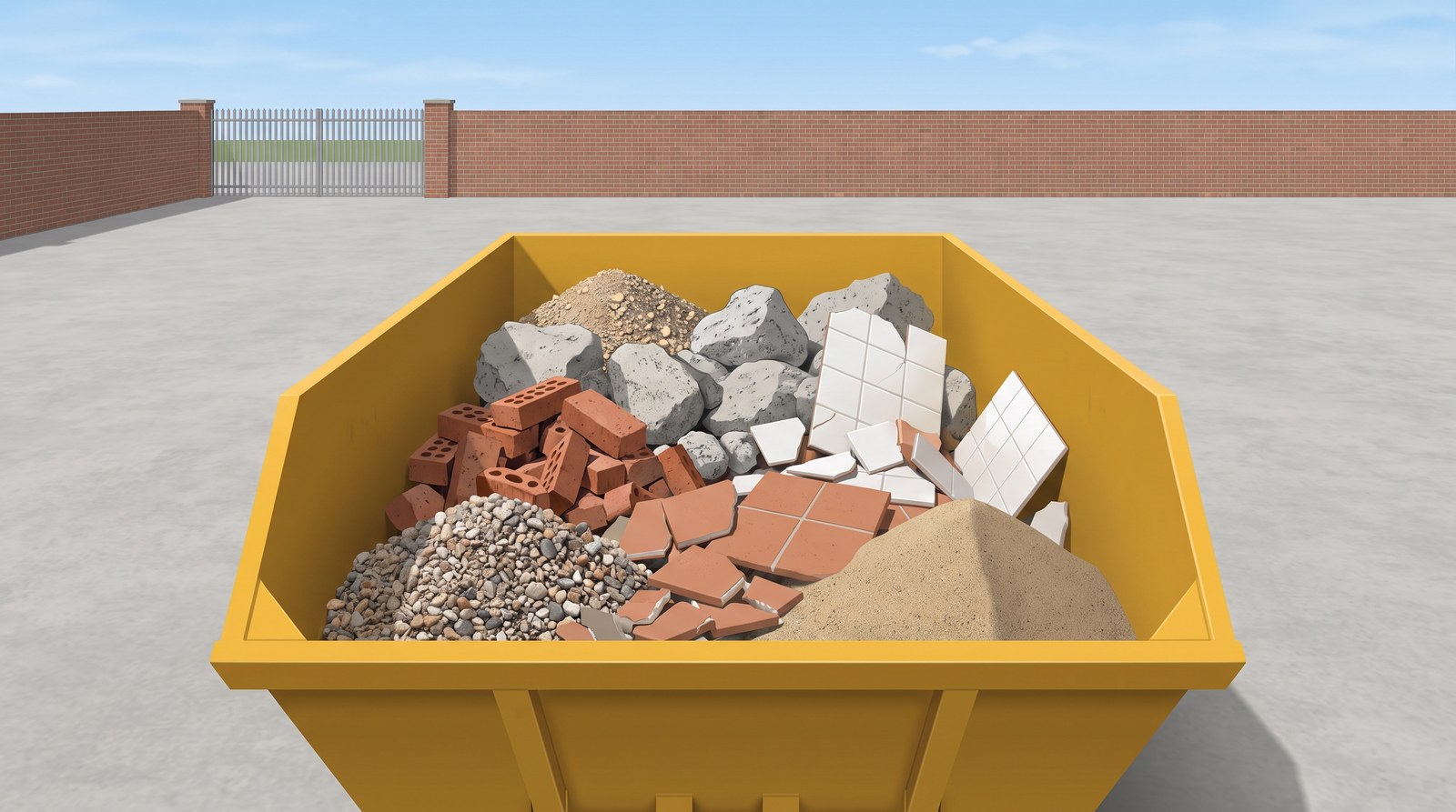 A skip of inert building waste: broken bricks, lumps of concrete, broken tiles, sand and gravel