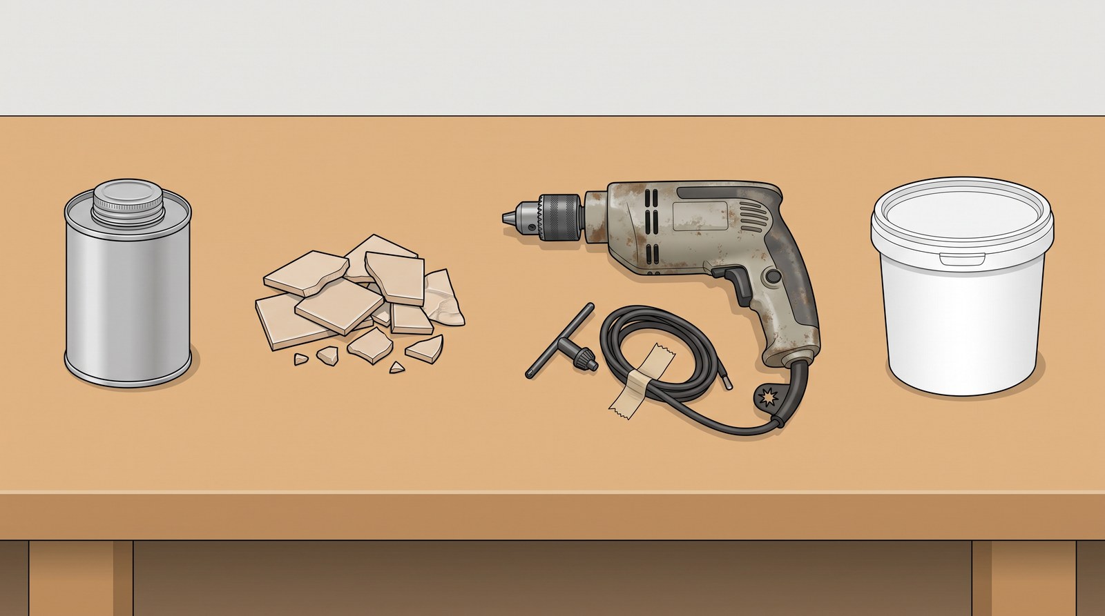 Four items on a workbench: a tin of solvent cement, a pile of broken tiles, an old corded drill and a tub of water-based adhesive
