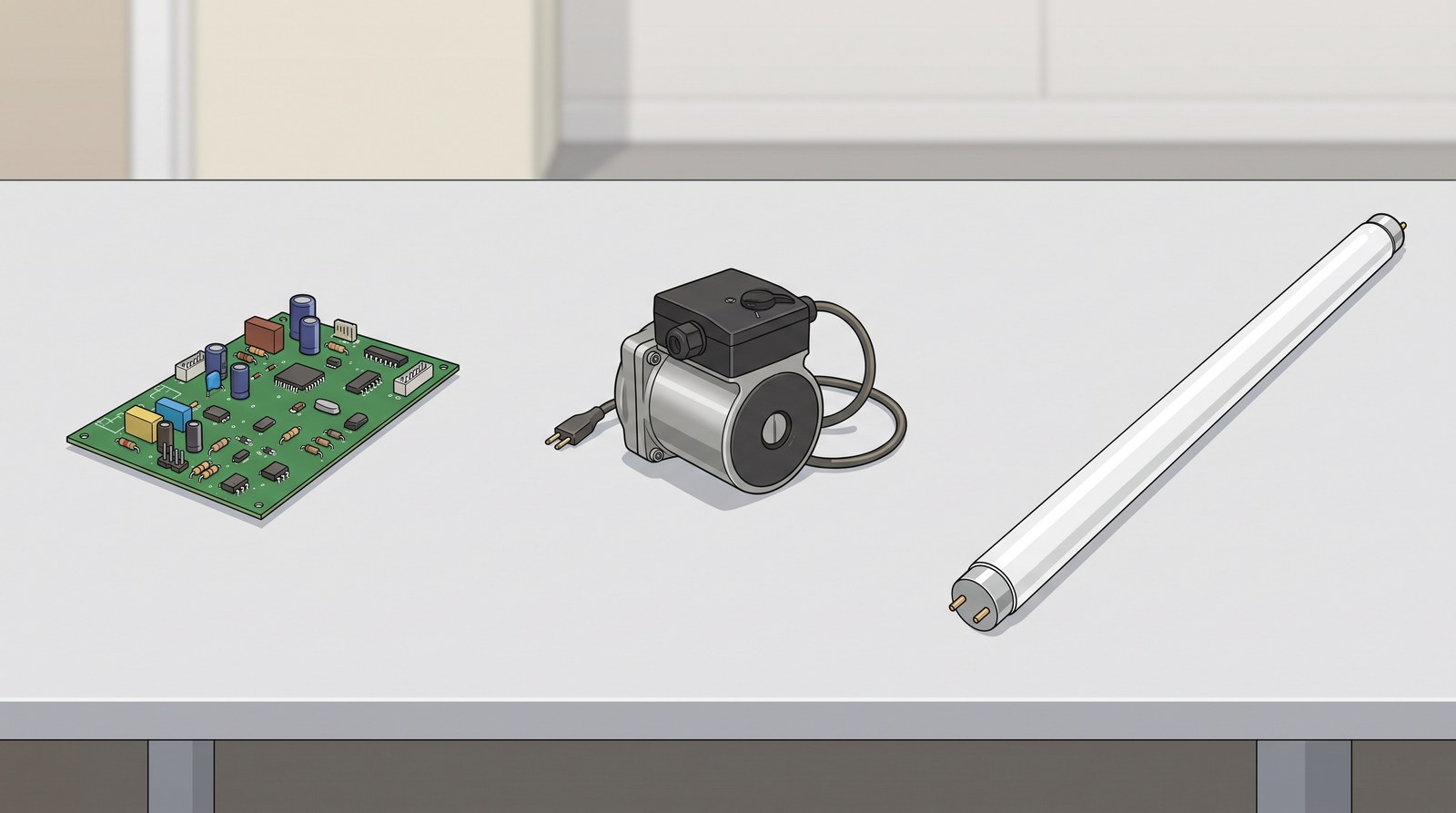 Three items of electrical waste on a bench: a boiler circuit board, a circulating pump motor and an unbroken fluorescent tube