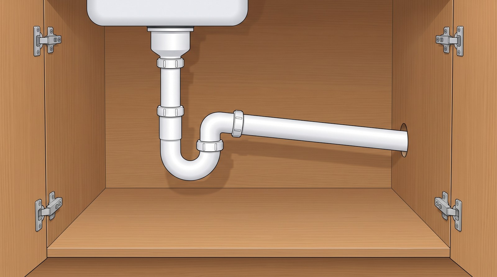 The cupboard under a kitchen sink with a white plastic trap below the outlet and the waste pipe running from it with a steady downward slope into the wall