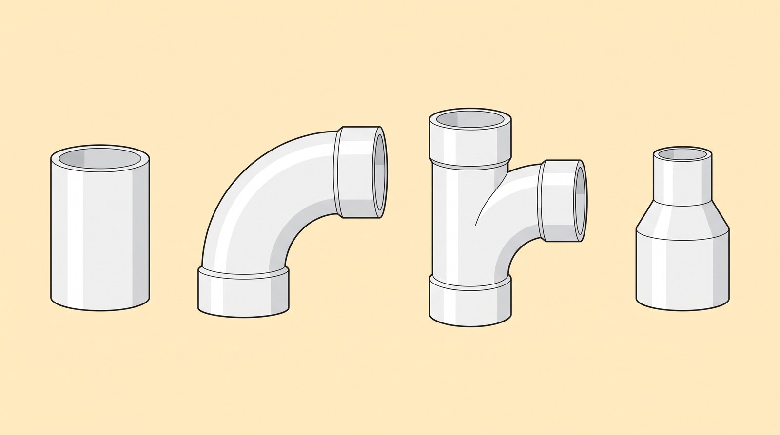 Four white plastic waste fittings in a row: a straight coupling, a swept bend, a swept tee and a reducer
