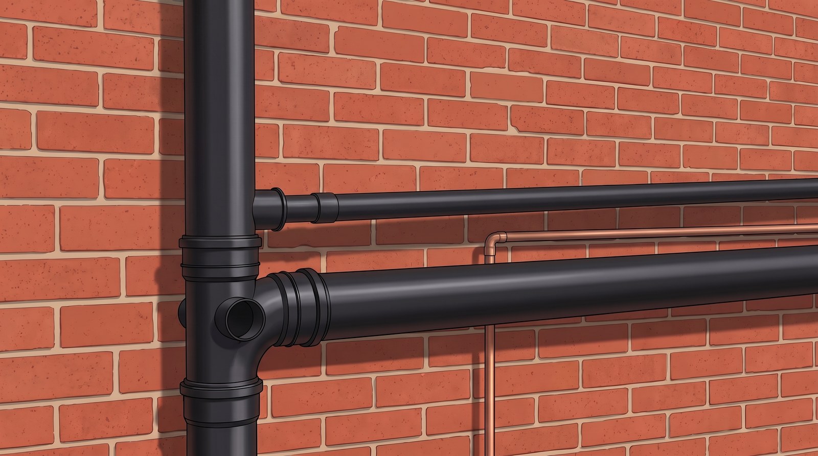 A fat black 110 mm soil stack running up a brick wall, with a much thinner black waste pipe falling into it and a large 110 mm branch joining lower down