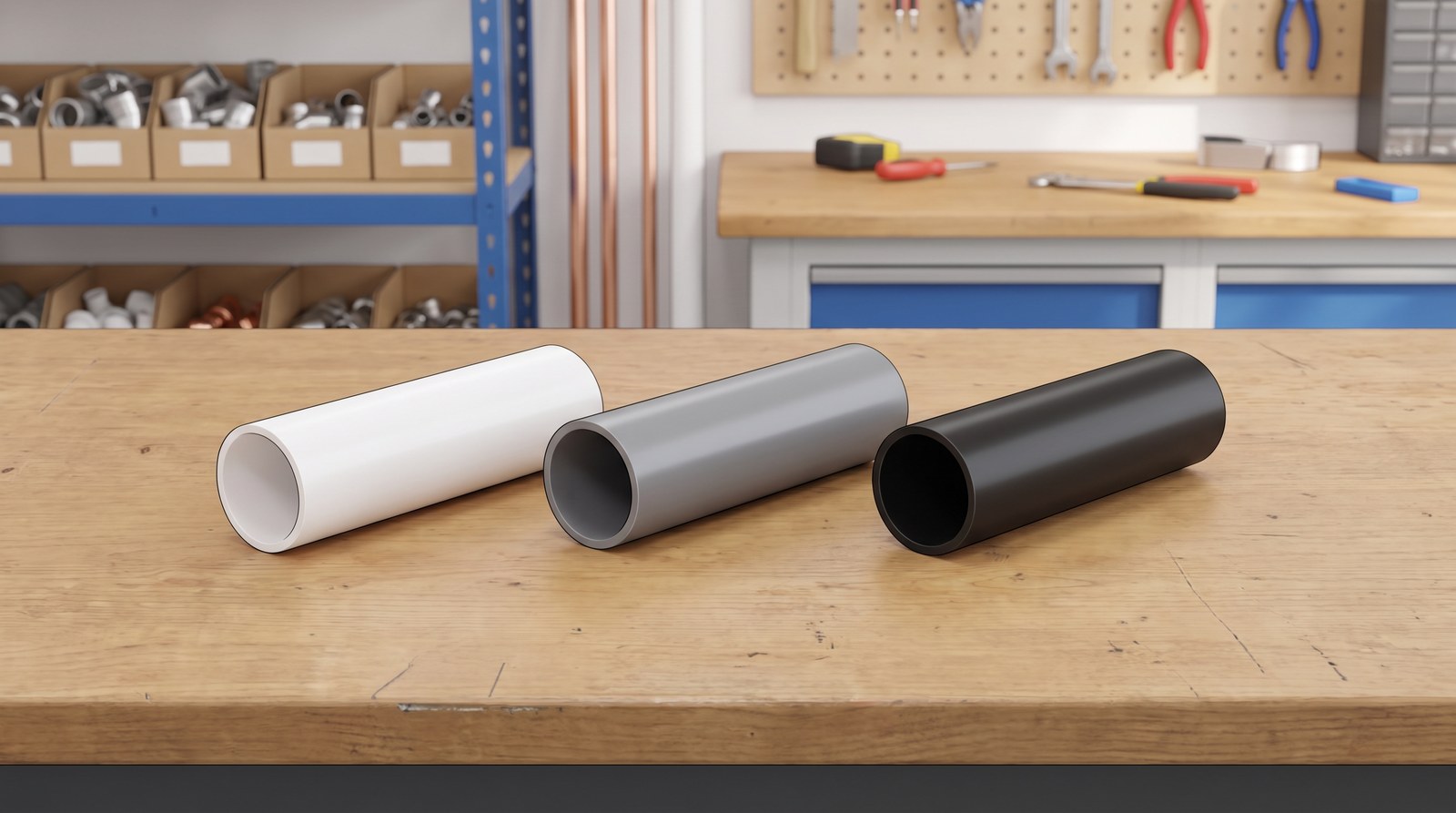 Three short offcuts of plastic waste pipe lying side by side on a workbench, one white, one grey and one black, all the same size