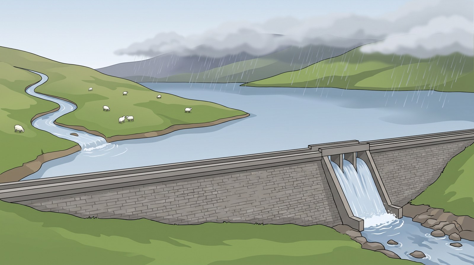 Rain falling on green hills around an upland reservoir, a stream running into it, and water flowing over the spillway of a stone dam into the river below