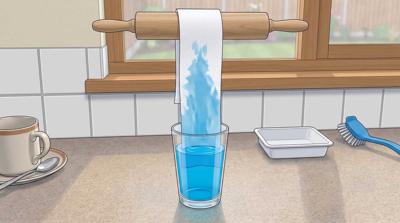 A strip of kitchen paper hanging into a glass of blue water, the blue having climbed well up the paper above the water level