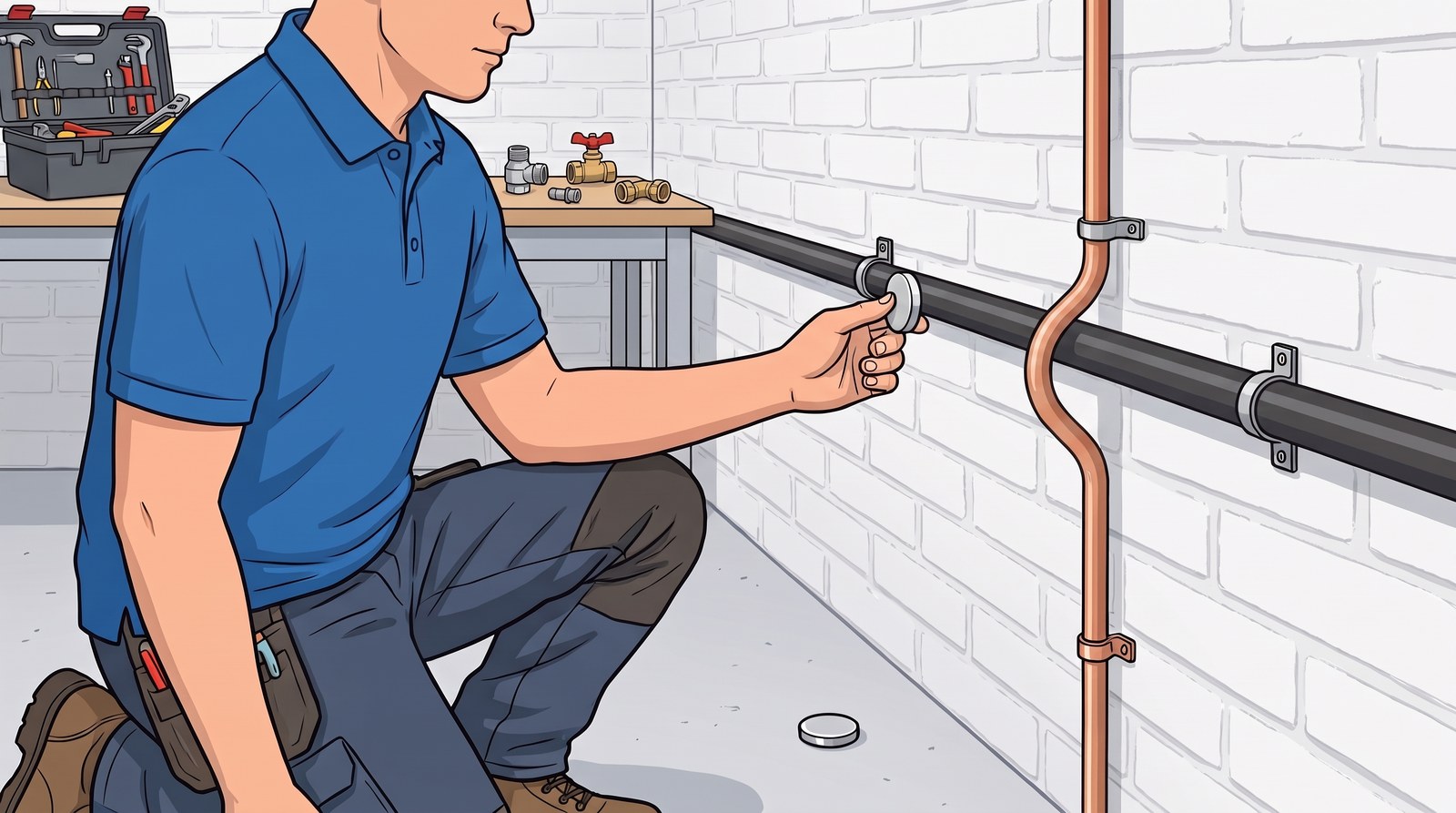 A plumber holds a magnet against a black steel pipe on the wall, where it sticks, while a second magnet lies on the floor below a copper pipe that crosses over the steel on a passover bend