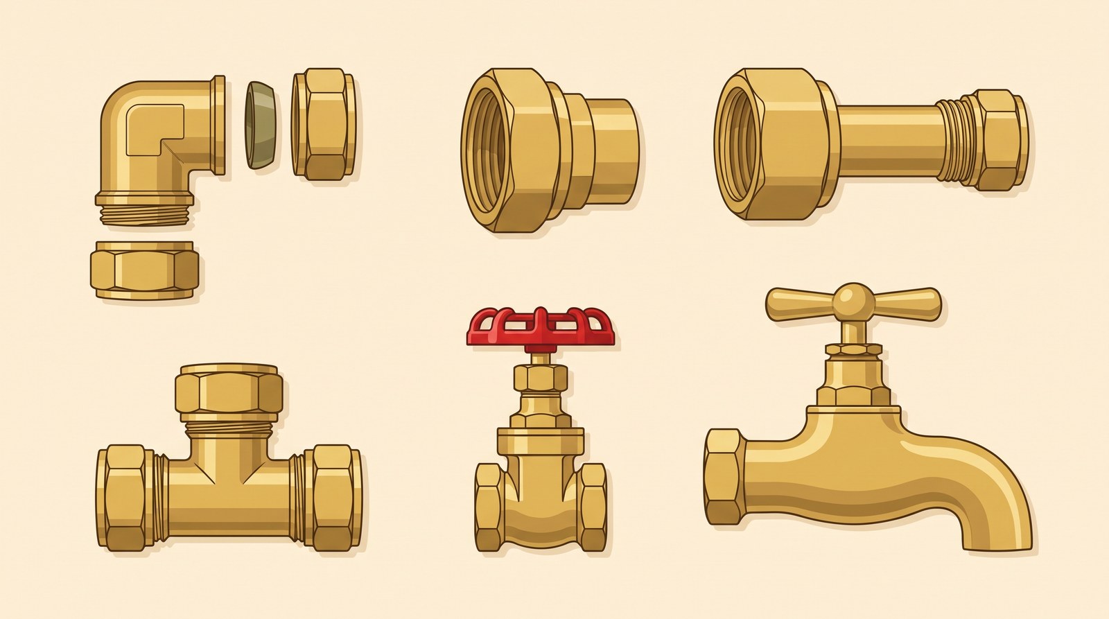 Brass plumbing fittings laid out: a compression elbow with its nut and olive, a compression tee, a tap connector, a gate valve and a bib tap