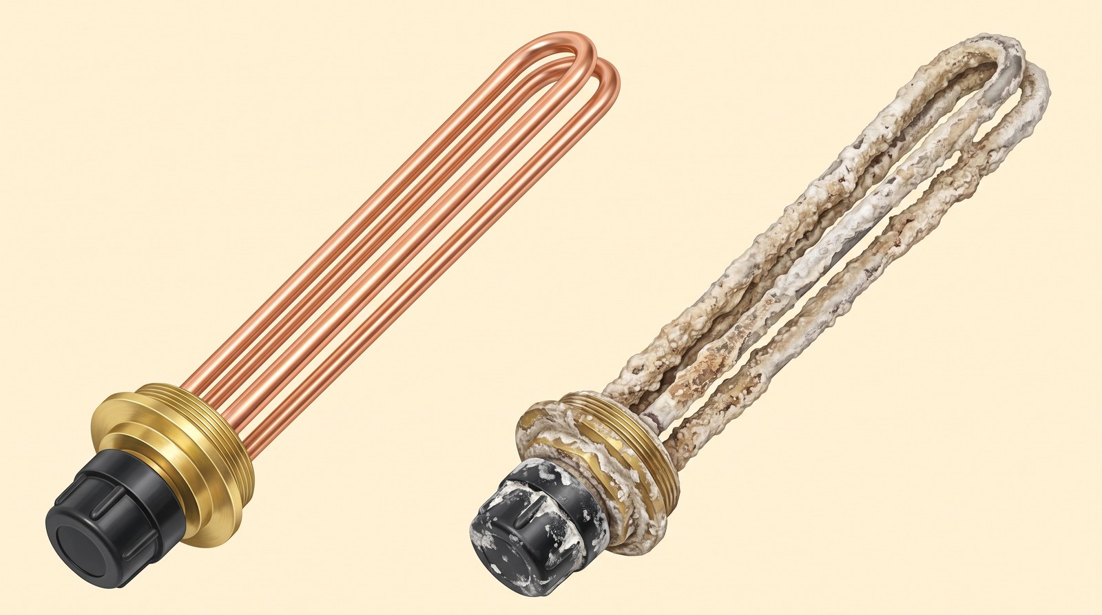 Two immersion heater elements side by side: one clean and bright, the other thickly coated in limescale