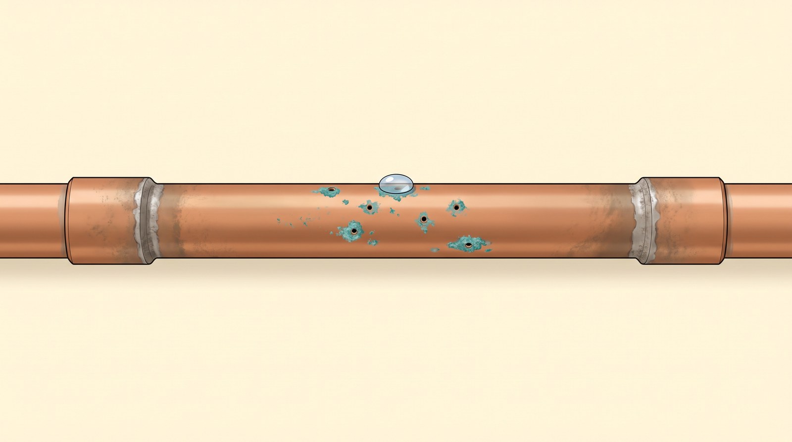 A length of old copper pipe with several pinholes and blue-green crusty spots in the middle of the straight run, and clean joints at each end