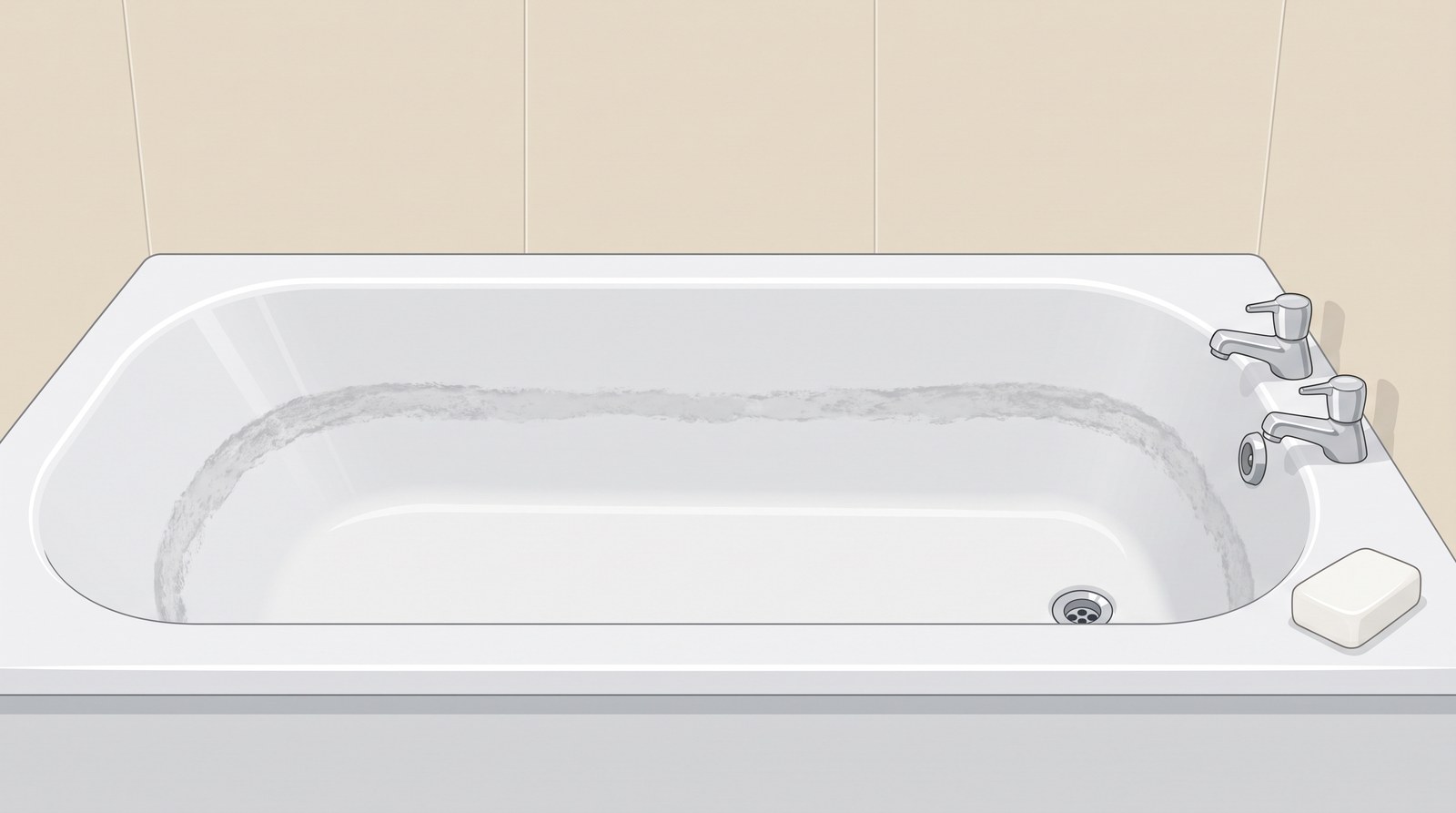 A white bath after the water has drained, with a grey scummy tidemark round the inside and a bar of soap on the edge