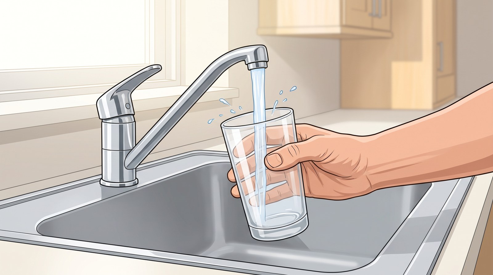 A hand holding a glass under a chrome kitchen tap as clear water runs into it