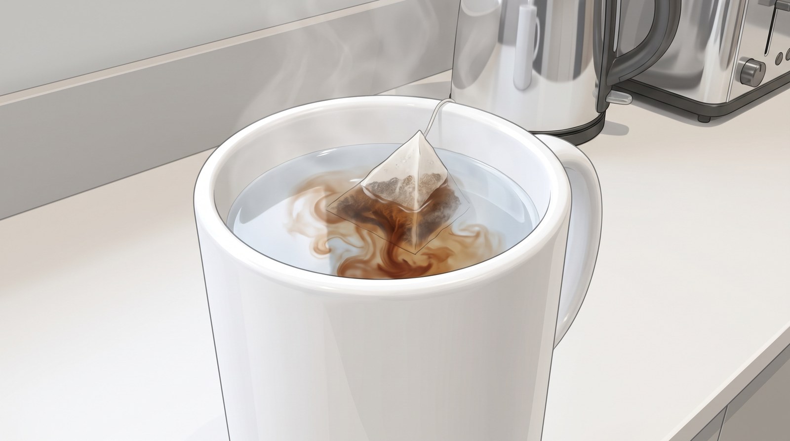 A tea bag dunked in a mug of hot water, brown colour swirling out of it into the clear water