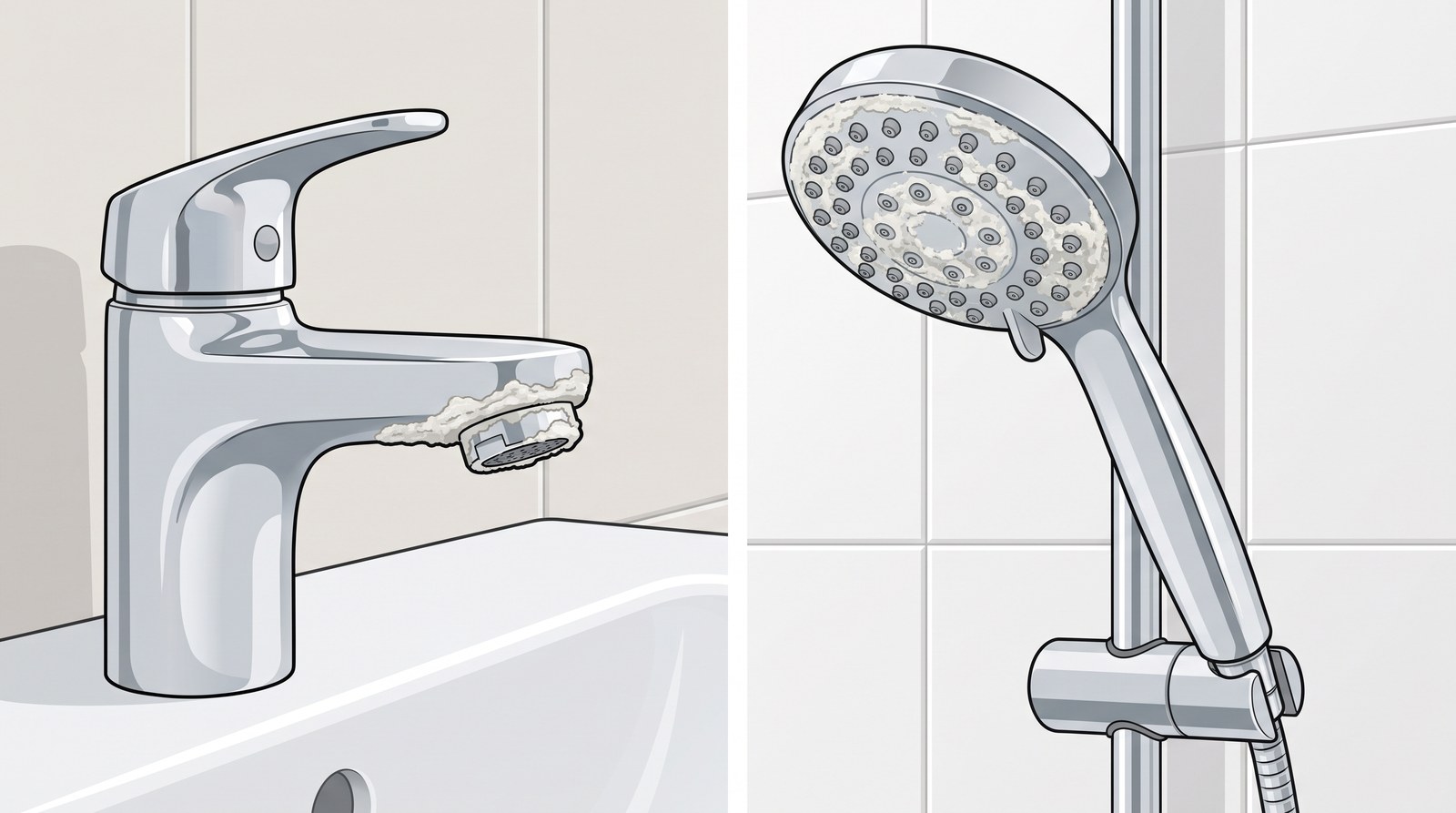 A chrome basin tap and a shower head, both crusted with white limescale round the outlet and nozzles