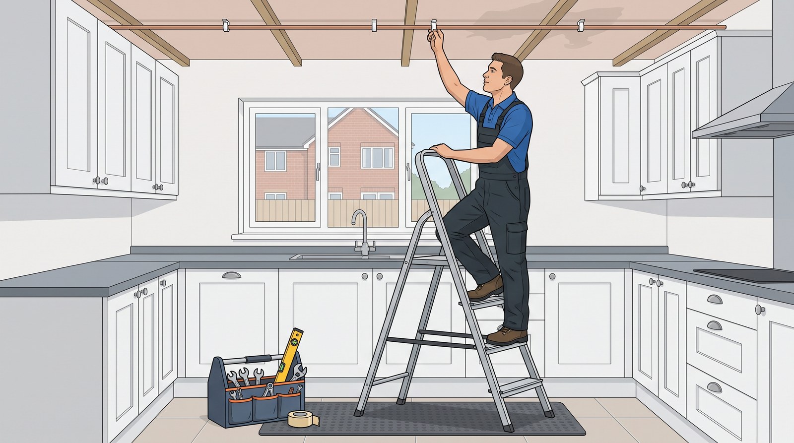 A plumber on a stepladder in a kitchen fixes a pipe clip at ceiling height