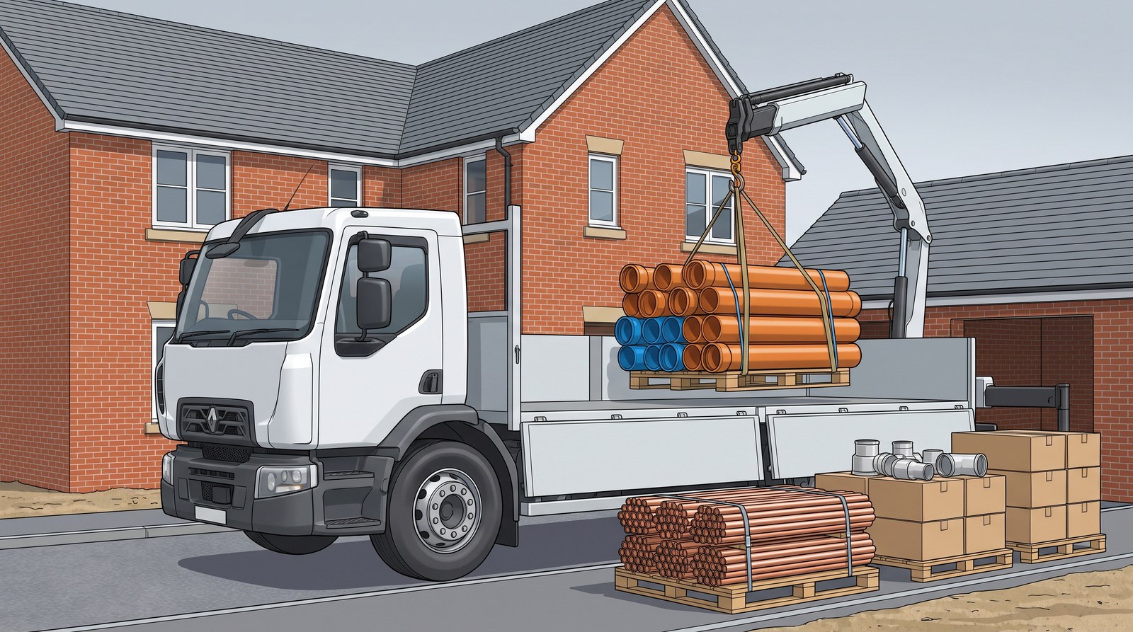 A builders merchant lorry with a crane unloading pallets of pipe and boxed fittings at a housing site