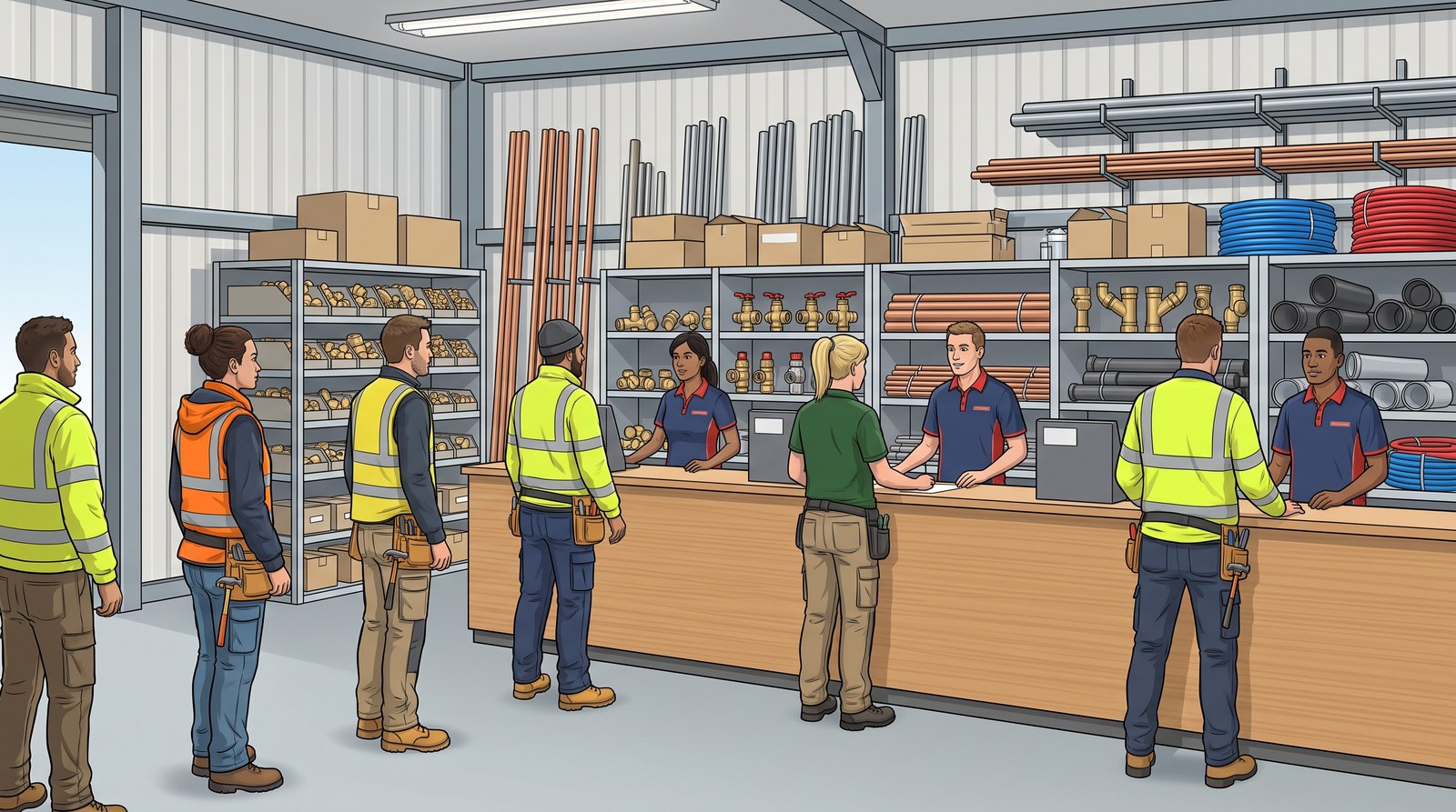 A busy plumbers merchant trade counter, tradespeople queuing and shelves of fittings behind the counter